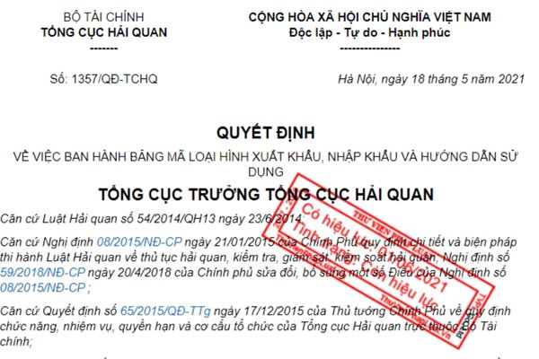 Tổng hợp các mã loại hình xuất nhập khẩu theo quyết định 1357/QĐ-TCHQ 